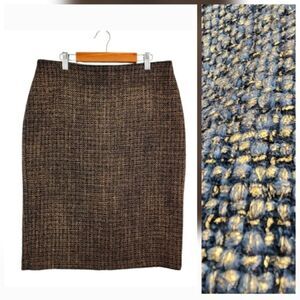 Talbots Pencil Skirt Metallic Wool Blend Gold Black Woven Tweed Size 8